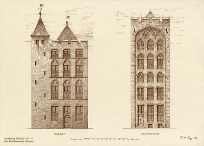 202658 Opstand van de gereconstrueerde voorgevel van het huis Oudaen (Oudegracht 99) (links) en van het huis ...